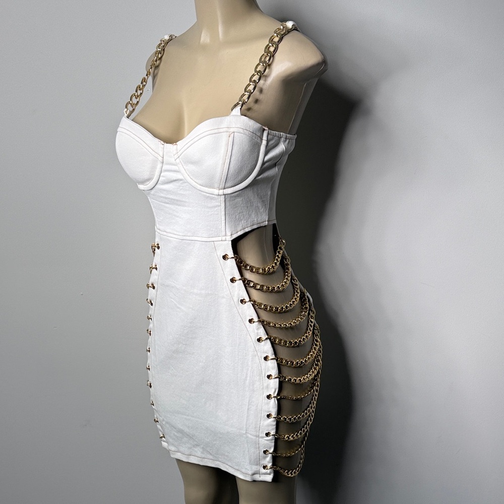 AKIRA White Mini Dress with Gold Chain Straps NWOT - Picture 5 of 8